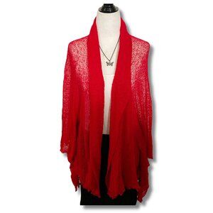 XCEPTION Red crochet open front cardigan ~ LARGE XL 1X 2X lettuce hem sweater
